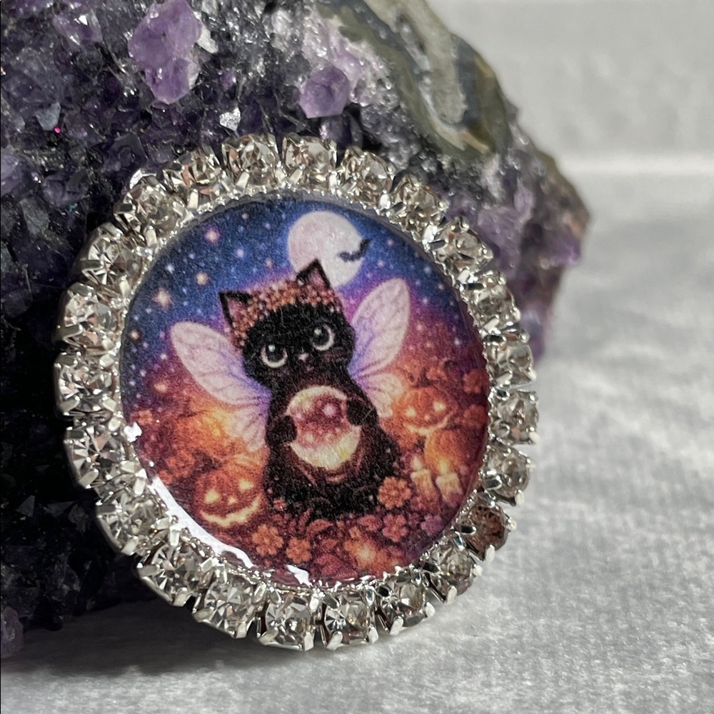 Fairy Cat Pumpkin Crystal Magnet Or Broach — Black Cat Artisan Designed